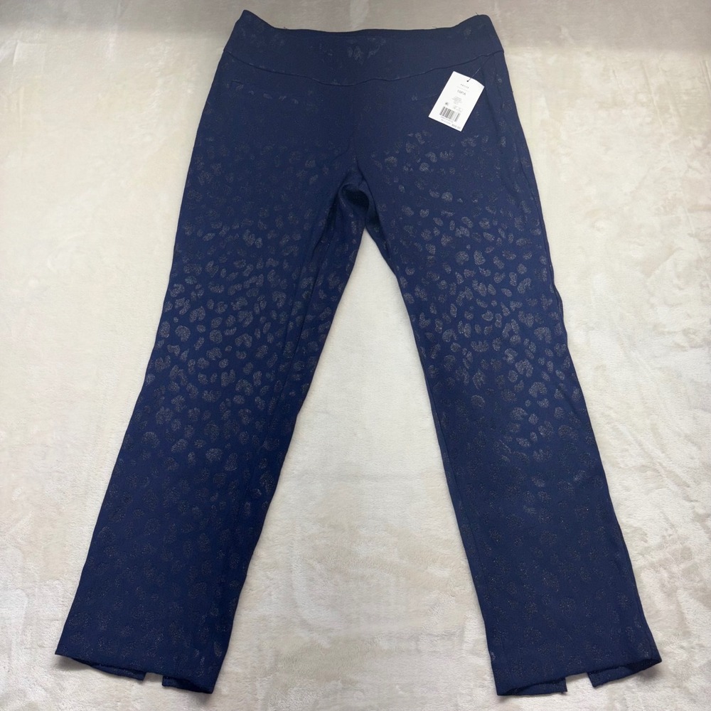 Crown & Ivy Navy Metallic Leopard Print Bow Ankle Pants Petite 10P CABRE09D1
